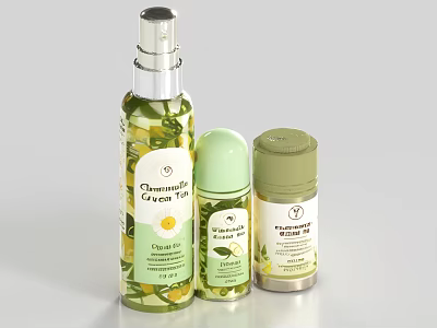 Natural Chamomile Green Tea Skincare Products With Spray Bottle And Cream Jars 3d model
