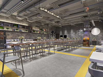 Modern Restaurant Interior With Exposed Ceiling Metal Tables Yellow Floor Lines And Green Plants 3d model