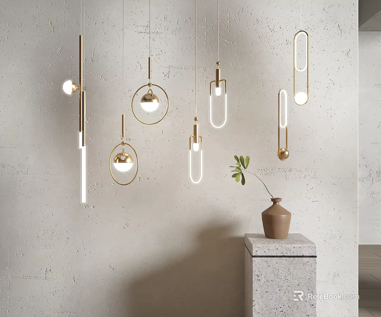 Modern Gold Geometric Chandelier Design With White Wall And Green Plant Interior 3d model 