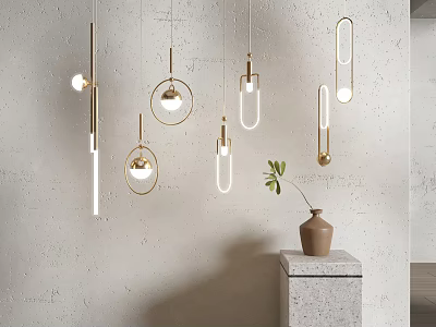 Modern Gold Geometric Chandelier Design With White Wall And Green Plant Interior 3d model
