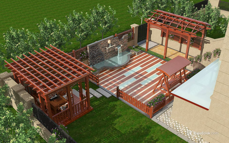 Garden Landscape Featuring Wooden Pergola Stone Pathway Lush Greenery And Water Fountain 3d model 