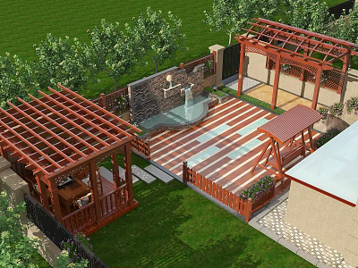 Garden Landscape Featuring Wooden Pergola Stone Pathway Lush Greenery And Water Fountain 3d model