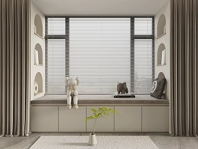 Cozy Window Seat with Gray Curtains Blinds Stuffed Toys Pillow Storage Cabinets and Green Plant 3d model