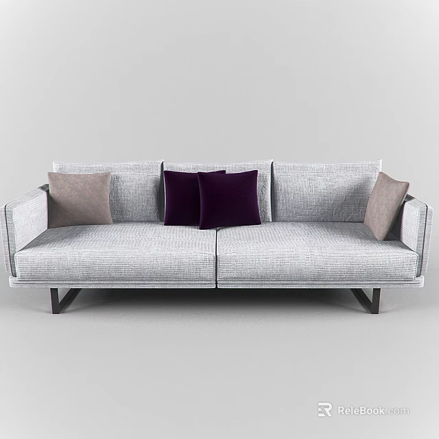 Light Gray Modern Double Sofa With Dark Purple And Light Brown Cushions 3d model
