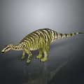 Green And White Striped Dinosaur Model With Long Neck Standing On Gray Background