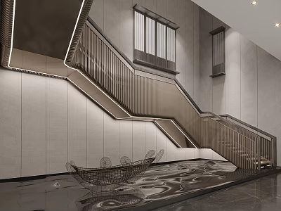 Modern Staircase Space With Metal Railing Accent Lighting Gray Walls And Water Sculpture 3d model