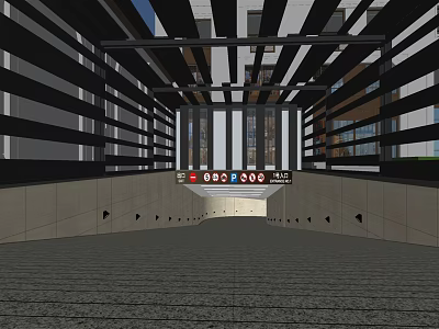Modern Parking Garage Entrance With Striped Structure Illuminated Signage And Paved Ground 3d model