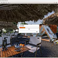 Serene Garden Landscape With Straw Umbrellas Deck Chairs Wooden Table Green Plants And Pebble Ground