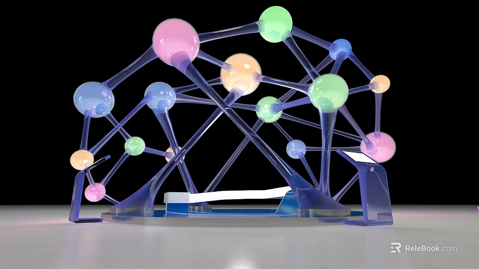 Colorful Molecular Structure Model With Transparent Frame And Pink Green Blue Orange Spheres 3d model 