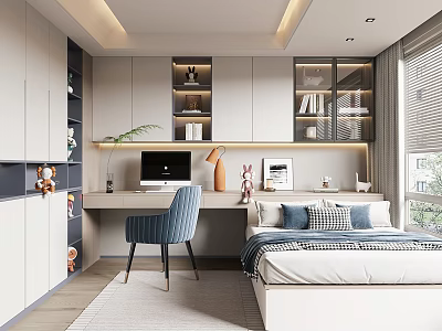 Cozy Tatami Bedroom with Built in Desk Chair and Bookshelves Soft Lighting and Window View 3d model