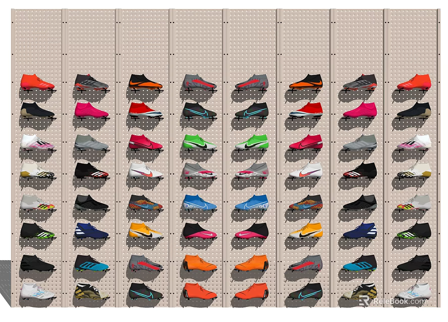 Array of Colorful Shoes Hanging on Wall Display with Diverse Styles 3d model 