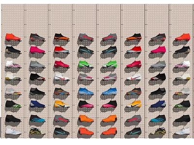 Array of Colorful Shoes Hanging on Wall Display with Diverse Styles 3d model