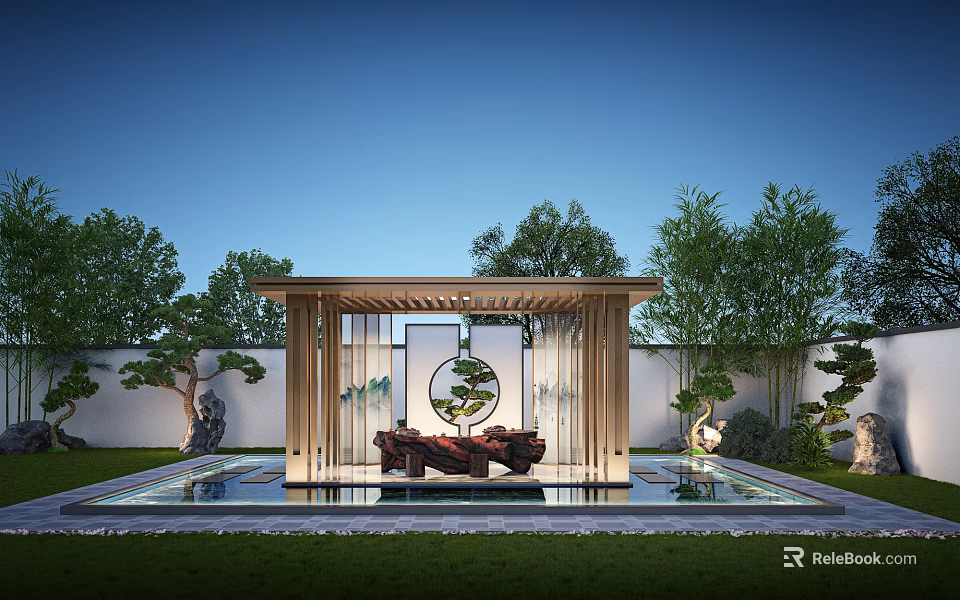 Traditional Courtyard Garden With Wooden Pavilion Circular Window Water Feature Green Plants And Stone Lanterns 3d model 