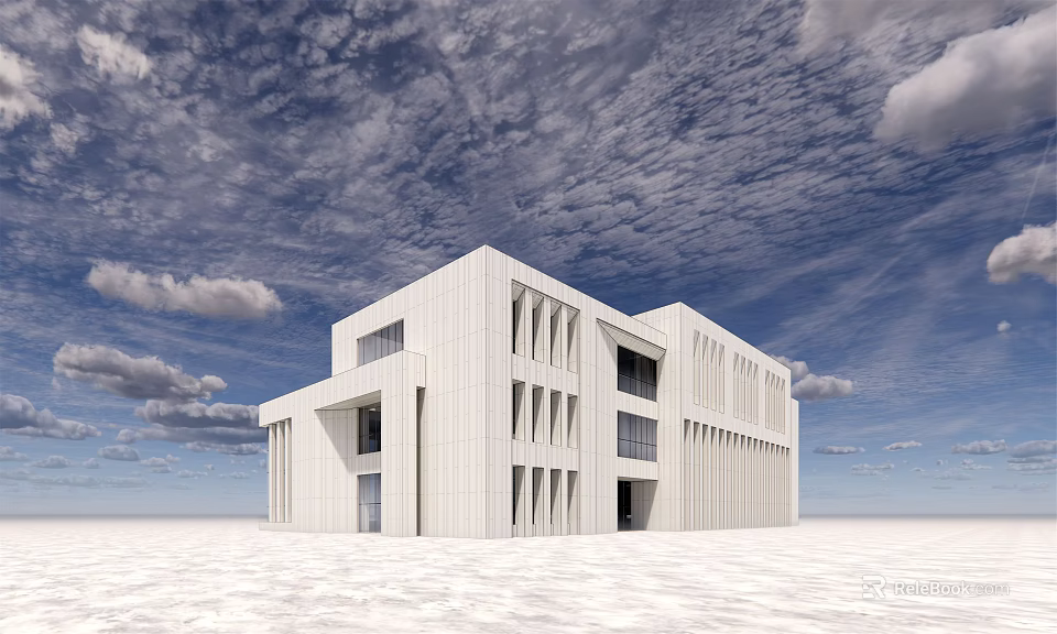 Modern White School Building With Geometric Shape Large Windows And Blue Sky 3d model 
