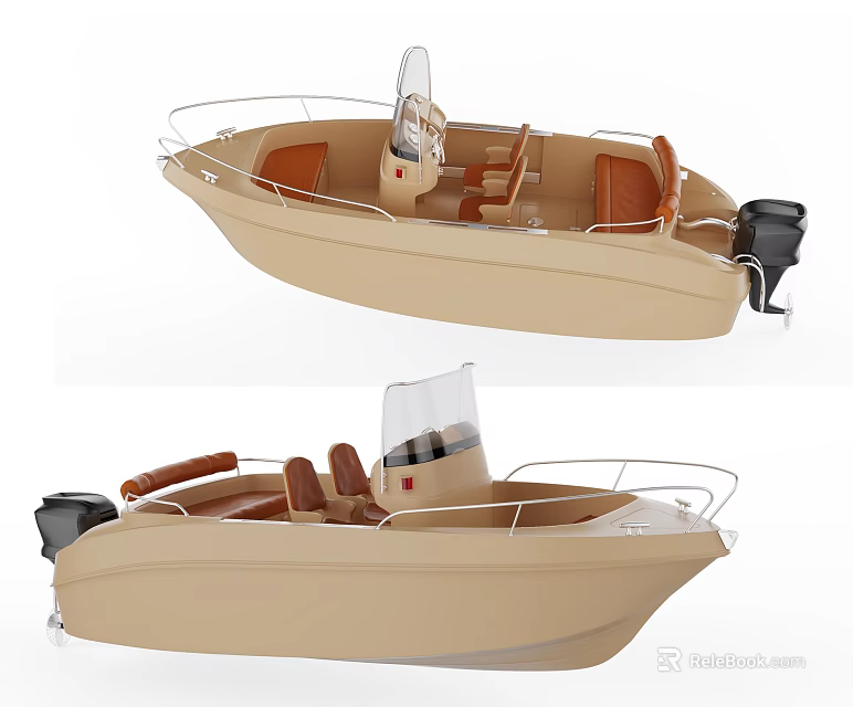Beige Yacht Model With Brown Seats Windshield And Outboard Motor 3d model 
