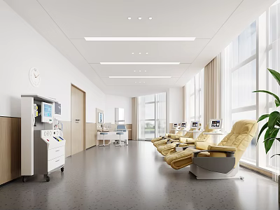 Modern Clinic Interior With Yellow Reclining Chairs Medical Devices And Large Windows 3d model