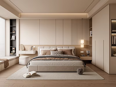Modern Beige Bedroom Interior With Large Bed Nightstand Floor Lamp Rug And Wooden Floor 3d model