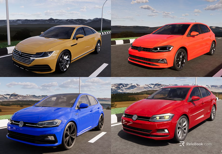 Various Colored Stylish Cars In Different Models With Mountain Outdoor Backdrop 3d model 