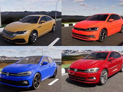 Various Colored Stylish Cars In Different Models With Mountain Outdoor Backdrop 3d model