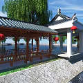 Traditional Chinese Garden Landscape With Wooden Corridor Red Lanterns Willow Trees And Waterfront Reflections