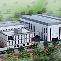 Modern Industrial Factory Building With Green And White Walls Trees Front Parking And Entrance Steps