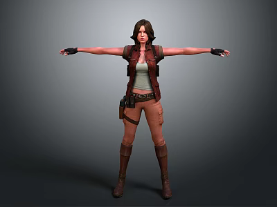 3D Female Game Movie Character with Brown Hair Vest Pants Boots and Utility Belt 3d model