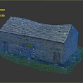 Rustic Stone Residential House With Slate Roof Iron Barred Windows Wooden Door And Green Grass