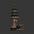 Red Brick Lighthouse Architecture With Multiple Stories Spire And Adjacent Small House