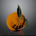 Fresh Ripe Orange With Green Leaves On Dark Shiny Background