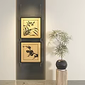 Modern Abstract Painting With Gold Frame Black Patterns And Green Plant In Interior