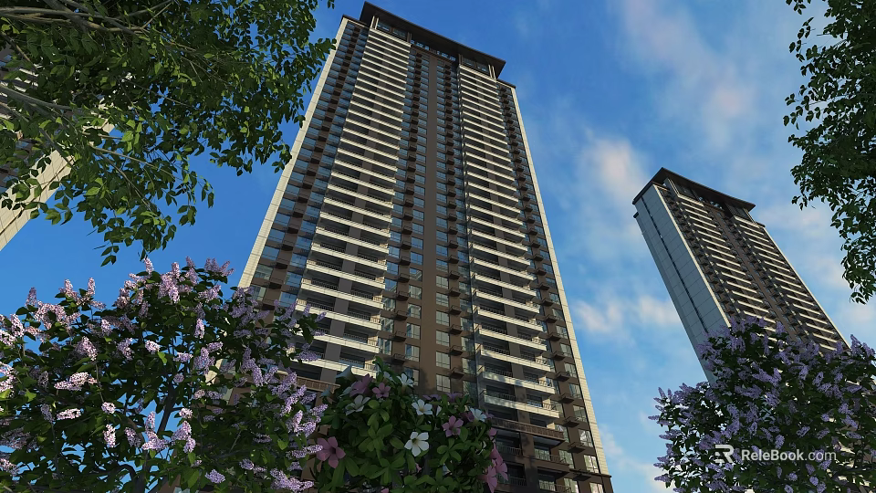 Modern High Rise Buildings With Green Plants And Clear Blue Sky View 3d model 