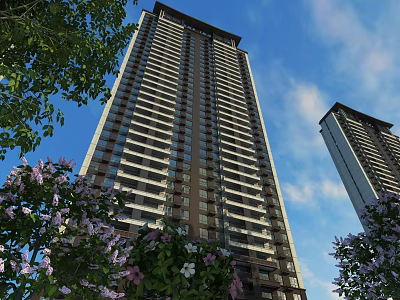 Modern High Rise Buildings With Green Plants And Clear Blue Sky View 3d model