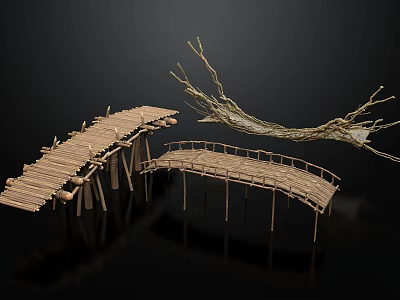 Natural Bamboo Bridges With Curved Wooden Structure And Decorative Dry Branches 3d model