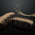 Natural Bamboo Bridges With Curved Wooden Structure And Decorative Dry Branches