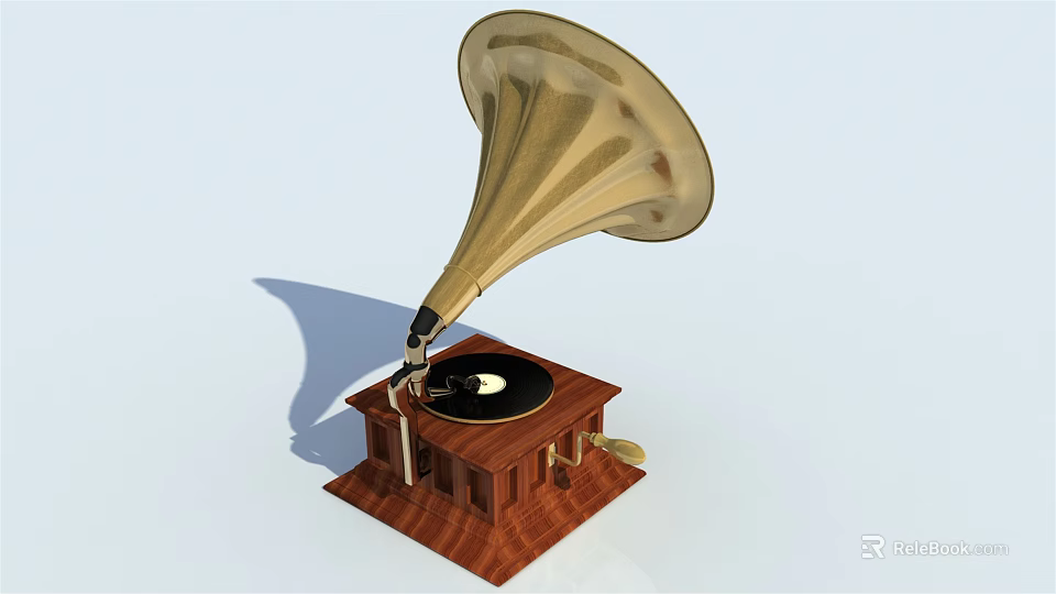 Classic Gramophone Speaker with Golden Horn Wooden Base and Vinyl Record 3d model 
