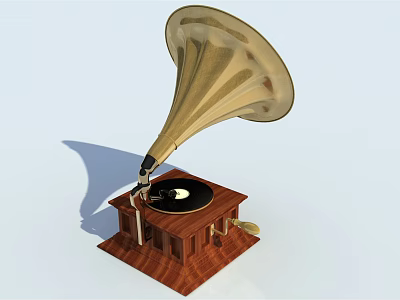 Classic Gramophone Speaker with Golden Horn Wooden Base and Vinyl Record 3d model