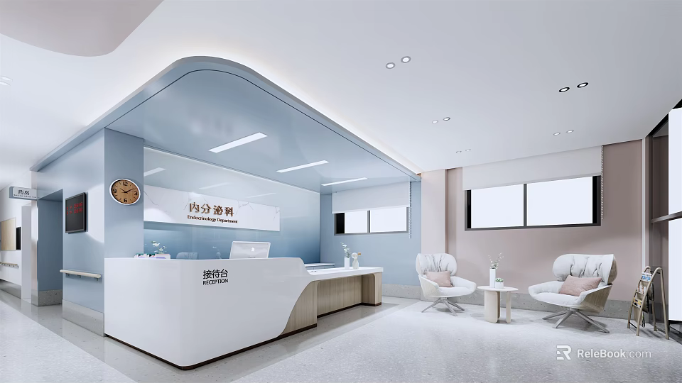 Modern Hospital Outpatient Clinic Interior Design With Front Desk Waiting Area And White Chairs 3d model 