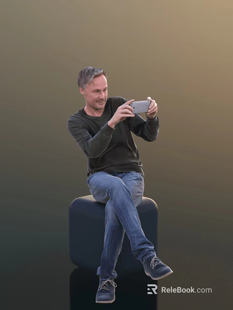 Man Sitting On Black Stool Using Smartphone In Dark Long Sleeve Top And Blue Jeans 3d model 