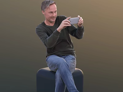 Man Sitting On Black Stool Using Smartphone In Dark Long Sleeve Top And Blue Jeans 3d model