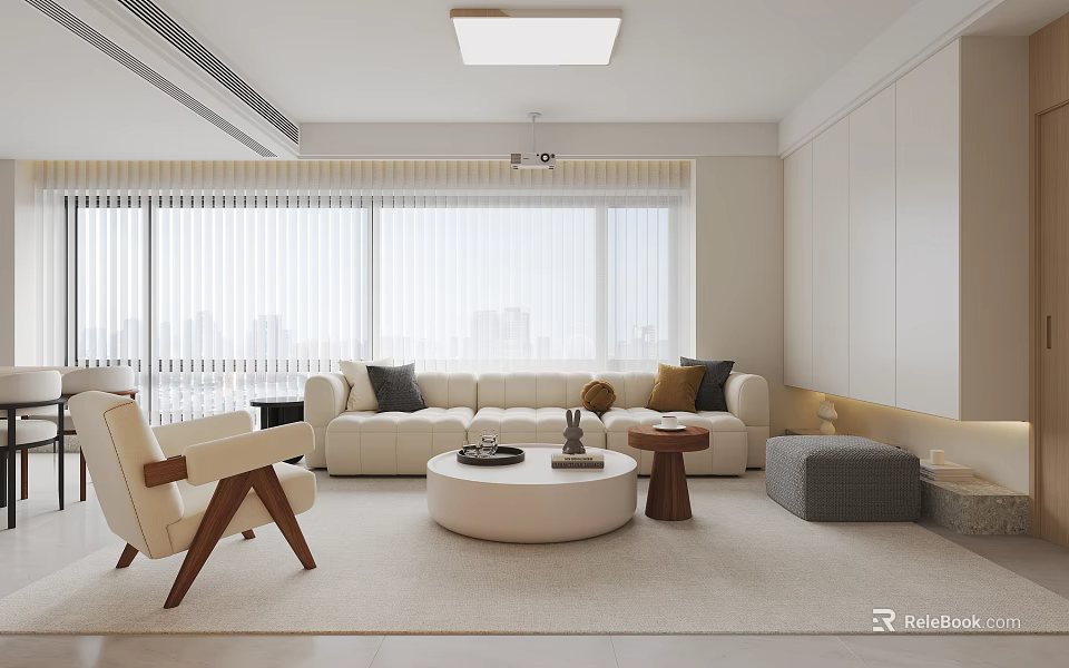 Modern Living Dining Room With White Sofa Round Coffee Table Floor-to-Ceiling Windows And Light Interior 3d model 