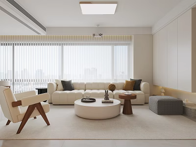 Modern Living Dining Room With White Sofa Round Coffee Table Floor-to-Ceiling Windows And Light Interior 3d model