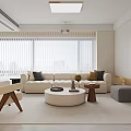 Modern Living Dining Room With White Sofa Round Coffee Table Floor-to-Ceiling Windows And Light Interior