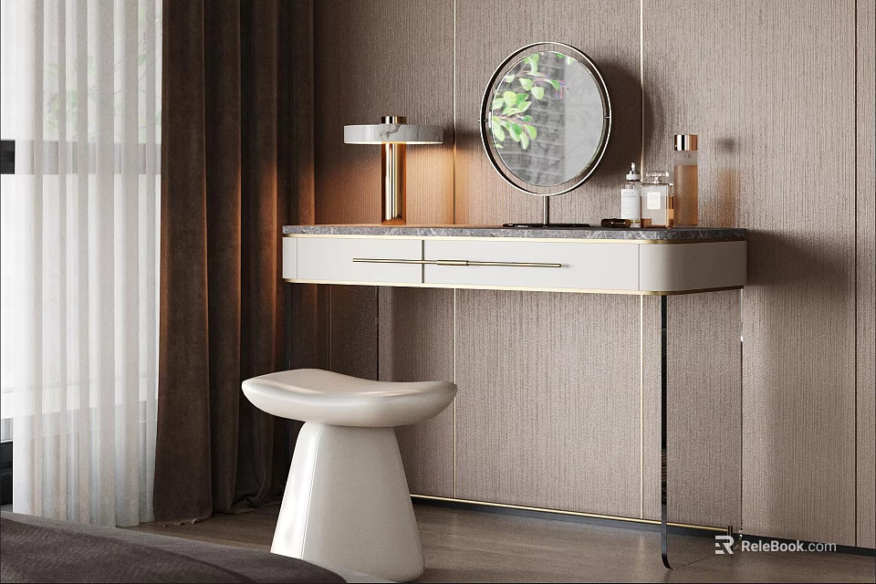 Modern Dressing Table With Round Mirror Table Lamp And White Stool For Bedroom 3d model 