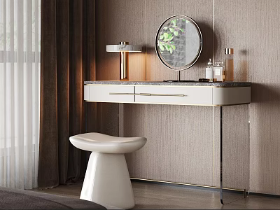 Modern Dressing Table With Round Mirror Table Lamp And White Stool For Bedroom 3d model