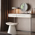 Modern Dressing Table With Round Mirror Table Lamp And White Stool For Bedroom 3d model