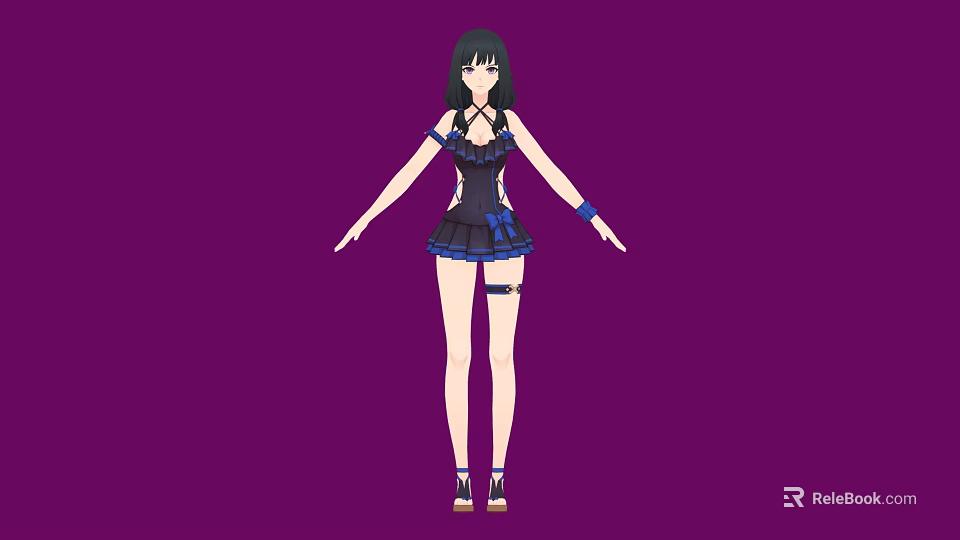 Green Haired Woman in Stylish Black and Blue Outfit Against Purple Background 3d model 