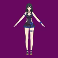 Green Haired Woman in Stylish Black and Blue Outfit Against Purple Background