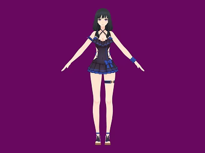 Green Haired Woman in Stylish Black and Blue Outfit Against Purple Background 3d model