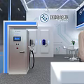 Modern Exhibition Booth In Blue And White With Digital Screens And Reception Counter For Visitors