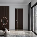 Modern Dark Brown Hinged Door With Gold Handle And Metal Strips In Interior Space